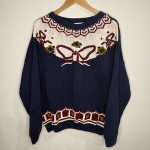 Vintage Venezia Sweater Floral Embroidery Navy Cotton/Ramie Hong Kong Size 18-20